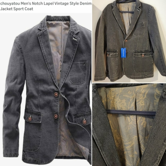NWTchouyatou Men's Notch Lapel Vintage Style Denim Suit Blazer Jacket Sport Coat - Picture 1 of 7